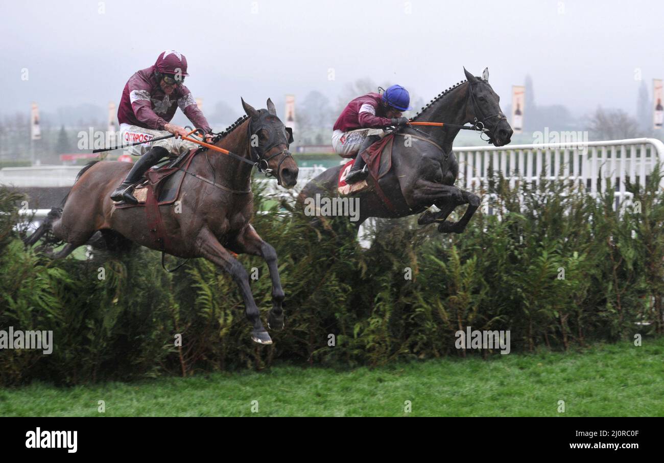 4.10 The Glenfarclas Cross Country   L2r Tiger Roll ridden by Davy Russell and Delta Work ridden by Jack Kennedy jump the last side by side    Day 2, Stock Photo