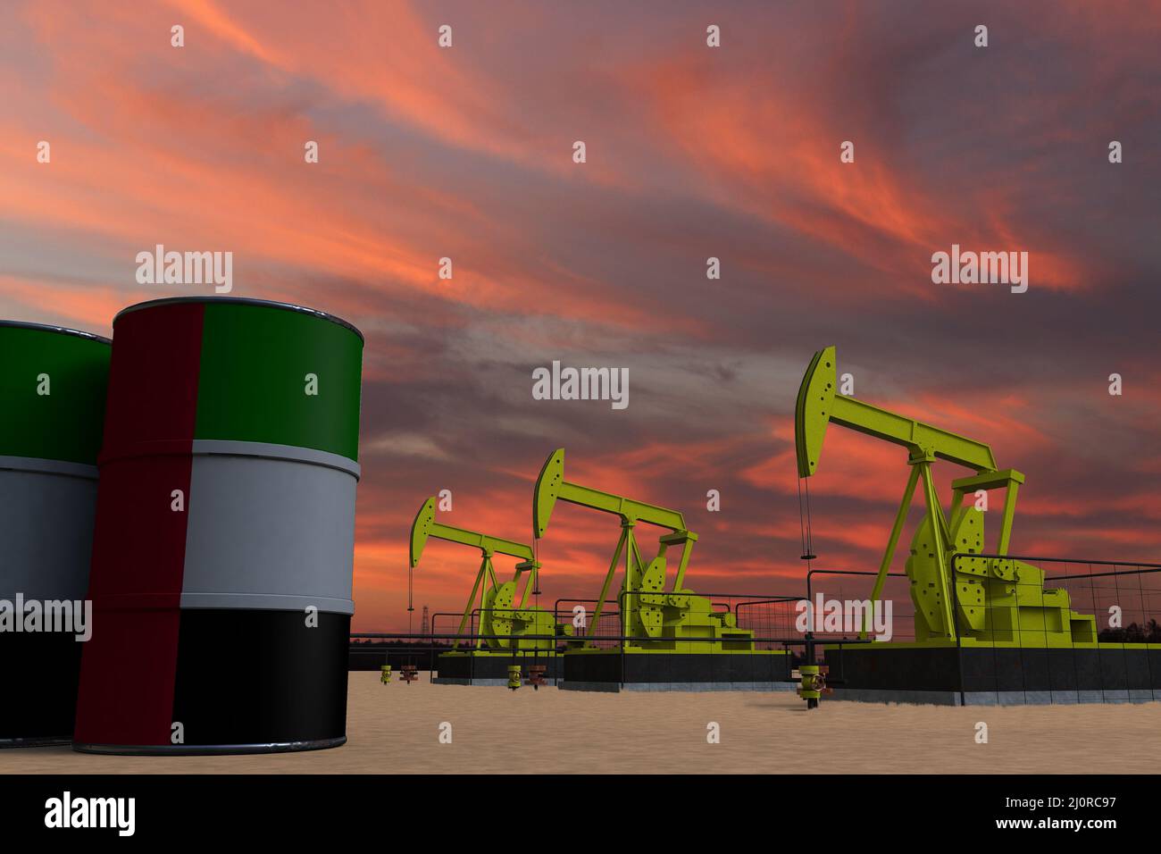 Nice pumpjack oil extraction and cloudy sky in sunset with the The United Arab Emirates UAE flag on oil barrels 3D rendering Stock Photo