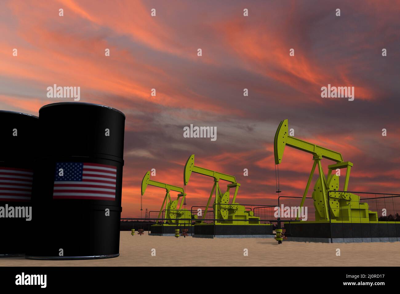 Nice pumpjack oil extraction and cloudy sky in sunset with the UNITED STATES OF AMERICA USA flag on oil barrels 3D rendering Stock Photo