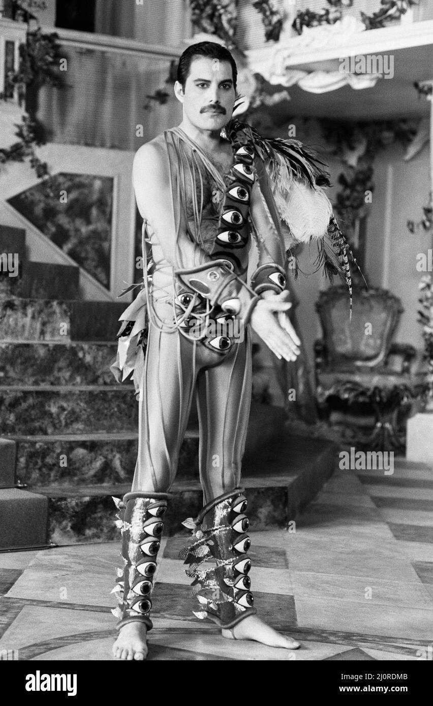 British Rock group Queen making a video for their latest single "Its A Hard  Life" in Munich, West Germany.Singer Freddie Mercury wearing his "eye"  outfit. 22nd June 1984 Stock Photo - Alamy