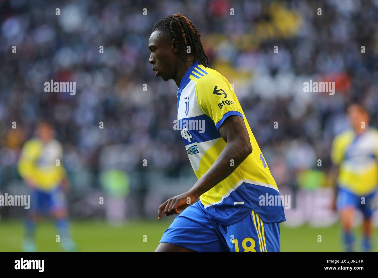 TURIN, ITALY. 20 MARCH 2022. Moise Kean of Juventus FC during the match between Juventus FC and US Salernitana 1919 on March 20, 2022 at Allianz Stadium in Turin, Italy. Credit: Massimiliano Ferraro/Medialys Images/Alamy Live News Stock Photo