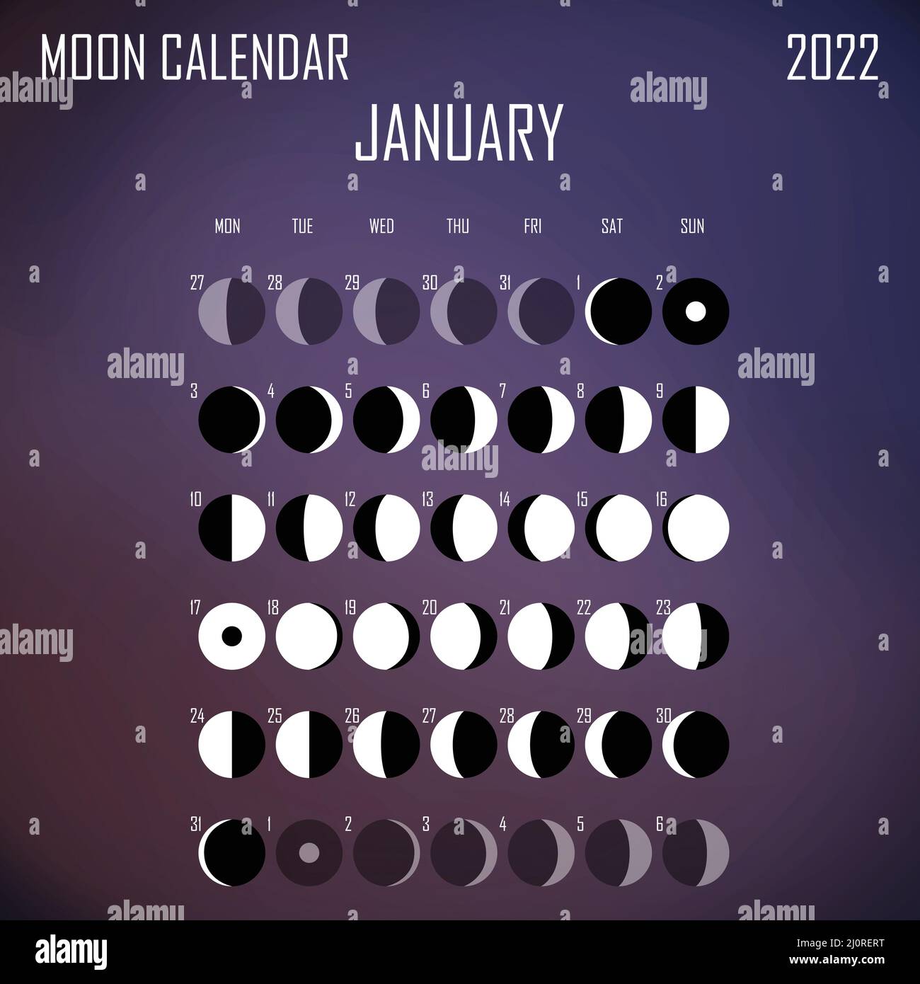 January 2022 Moon calendar. Astrological calendar design. planner