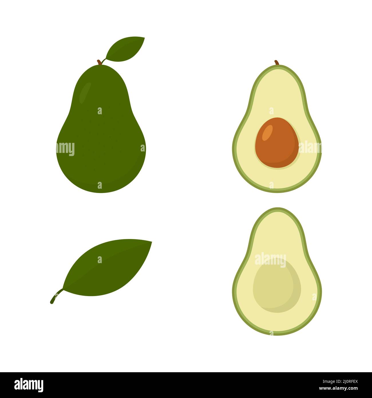 Set of half and whole of green avocado. Cute fresh avocado collection ...