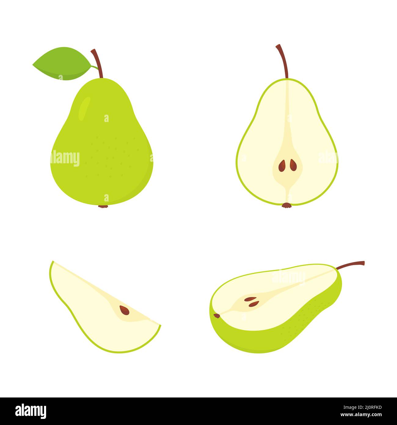 Cute green pear set. Slice, whole and half fruit group. Flat fresh ...