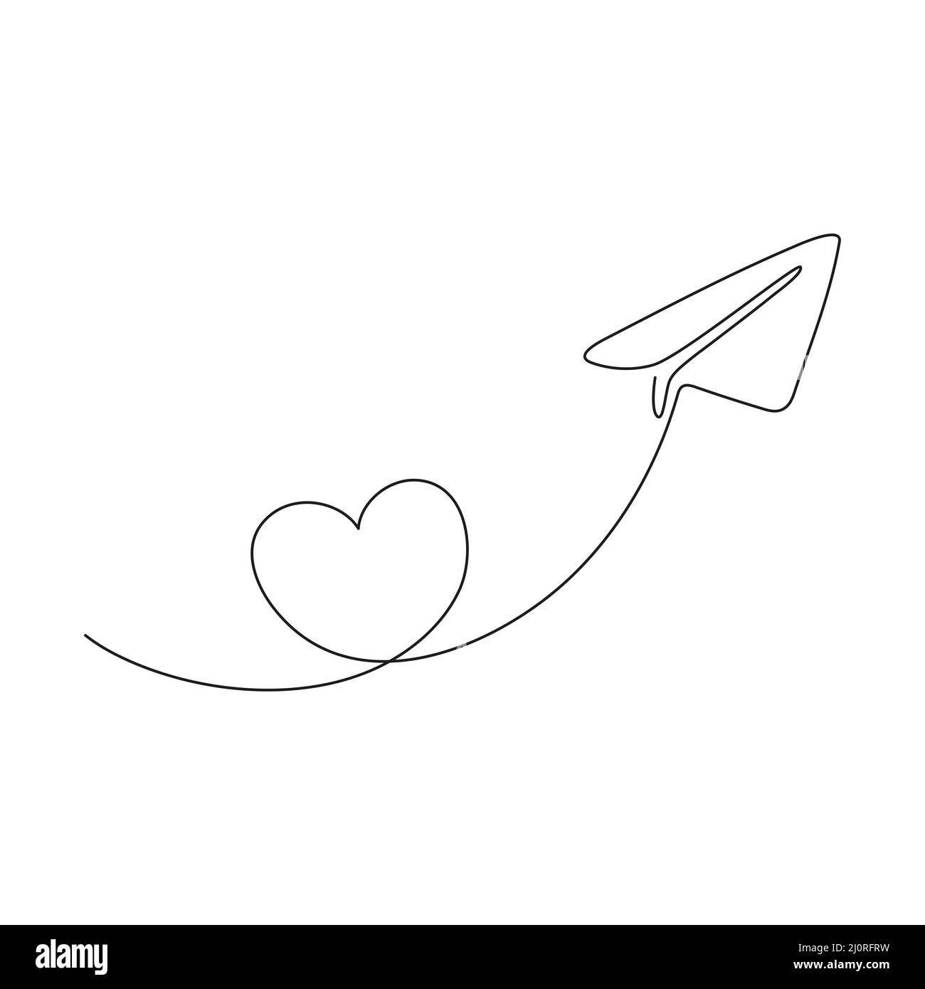 Paper airplane with line route in heart shape. Sending message linear