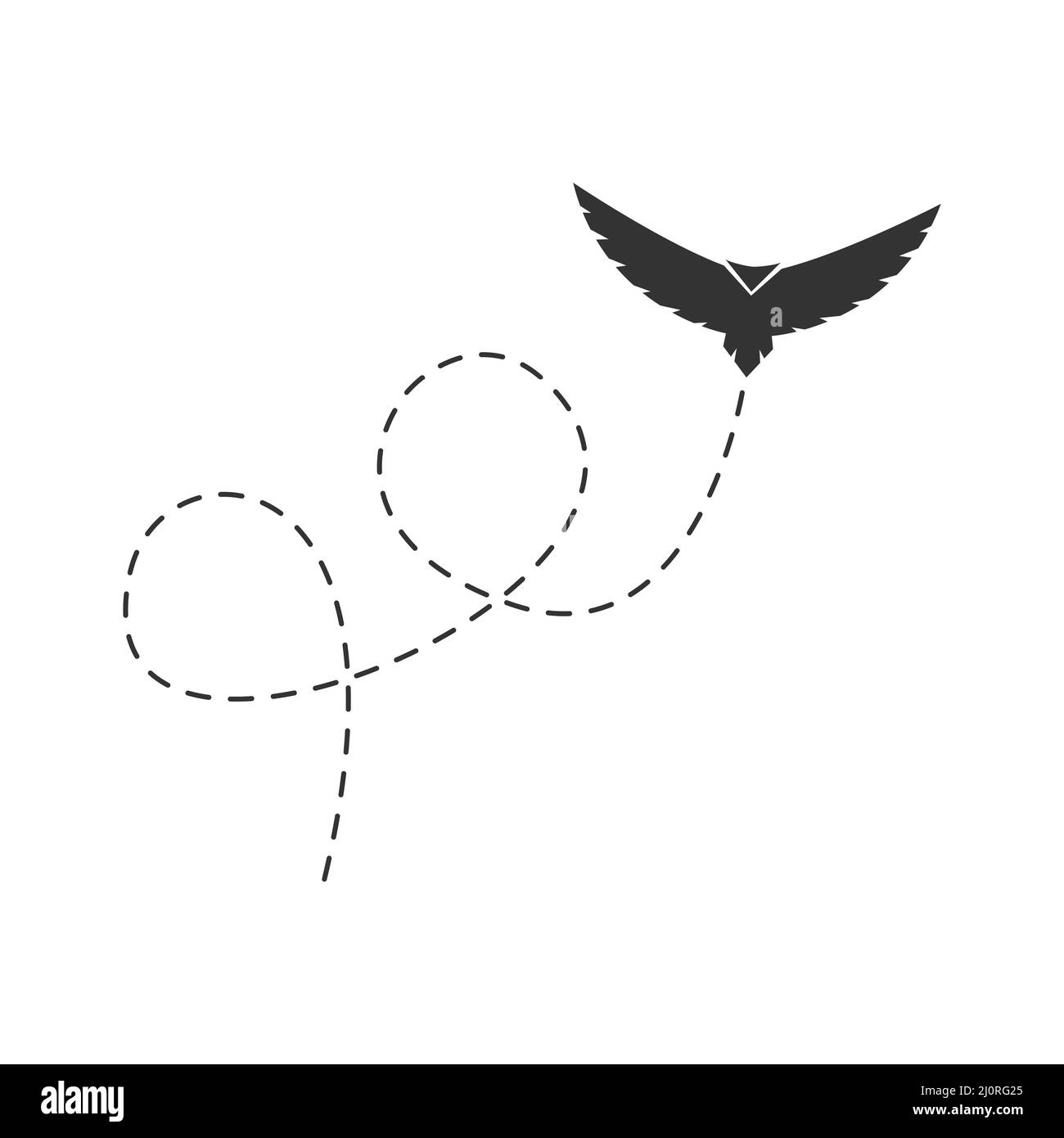 Flying black bird with dotted route. Vector illustration isolated on white. Stock Vector