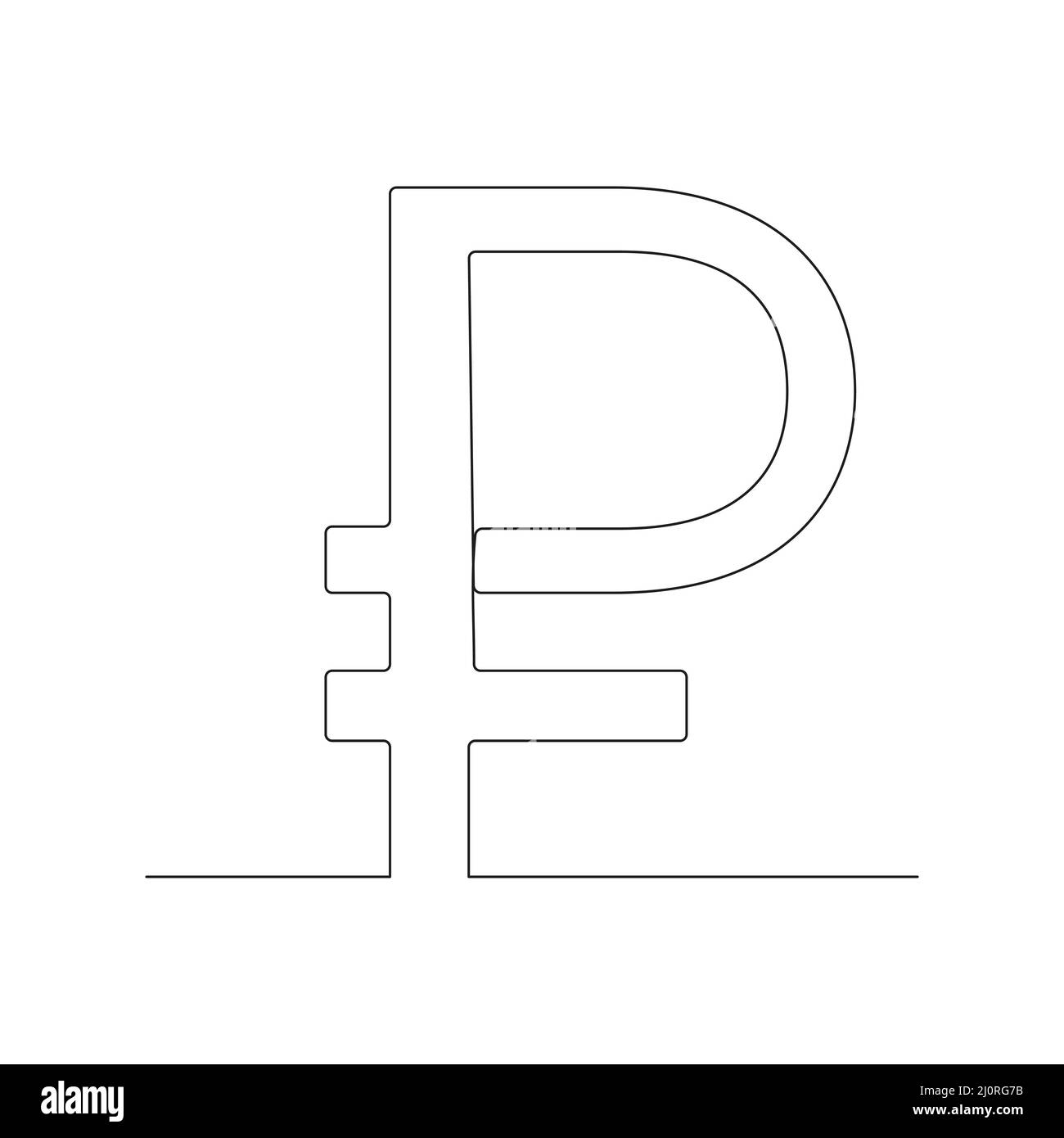 Russian rouble one line drawing symbol. Vector isolated on white. Stock Vector
