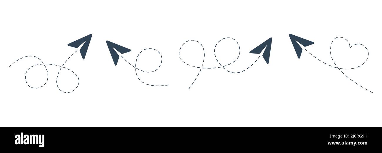 Paper airplanes with line dotted route set. Sending message linear fold