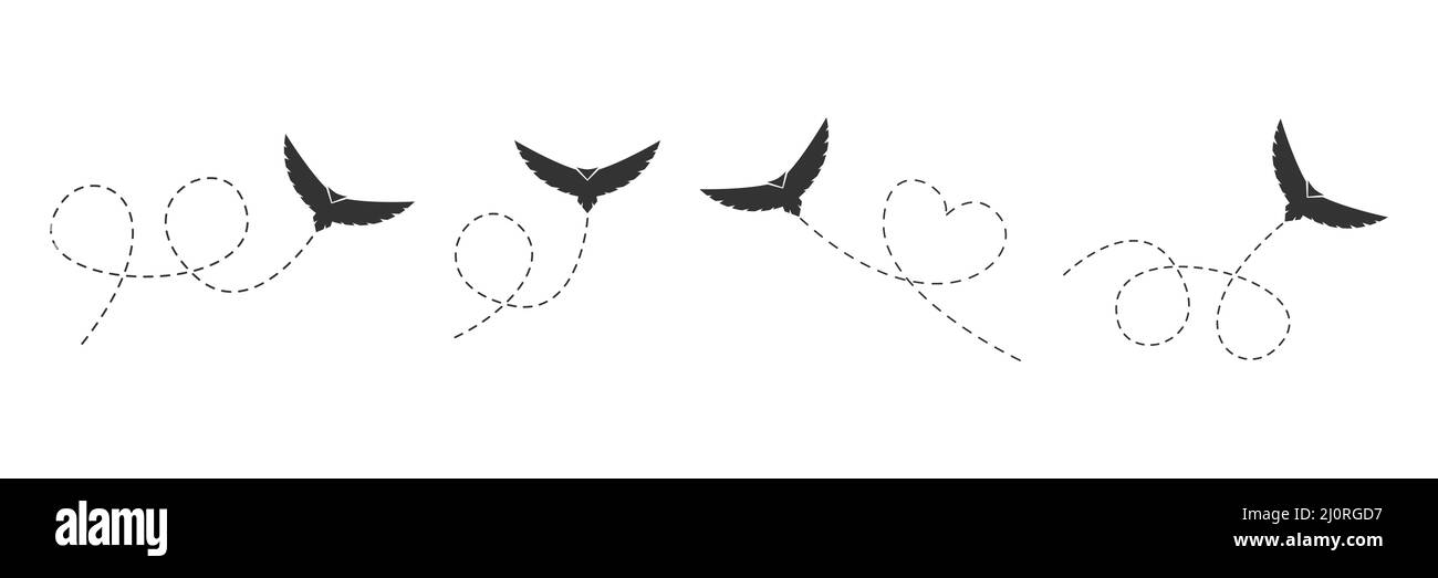 Flying bird set. Black birds flying on a dotted route isolated on the white background. Vector illustration. Stock Vector