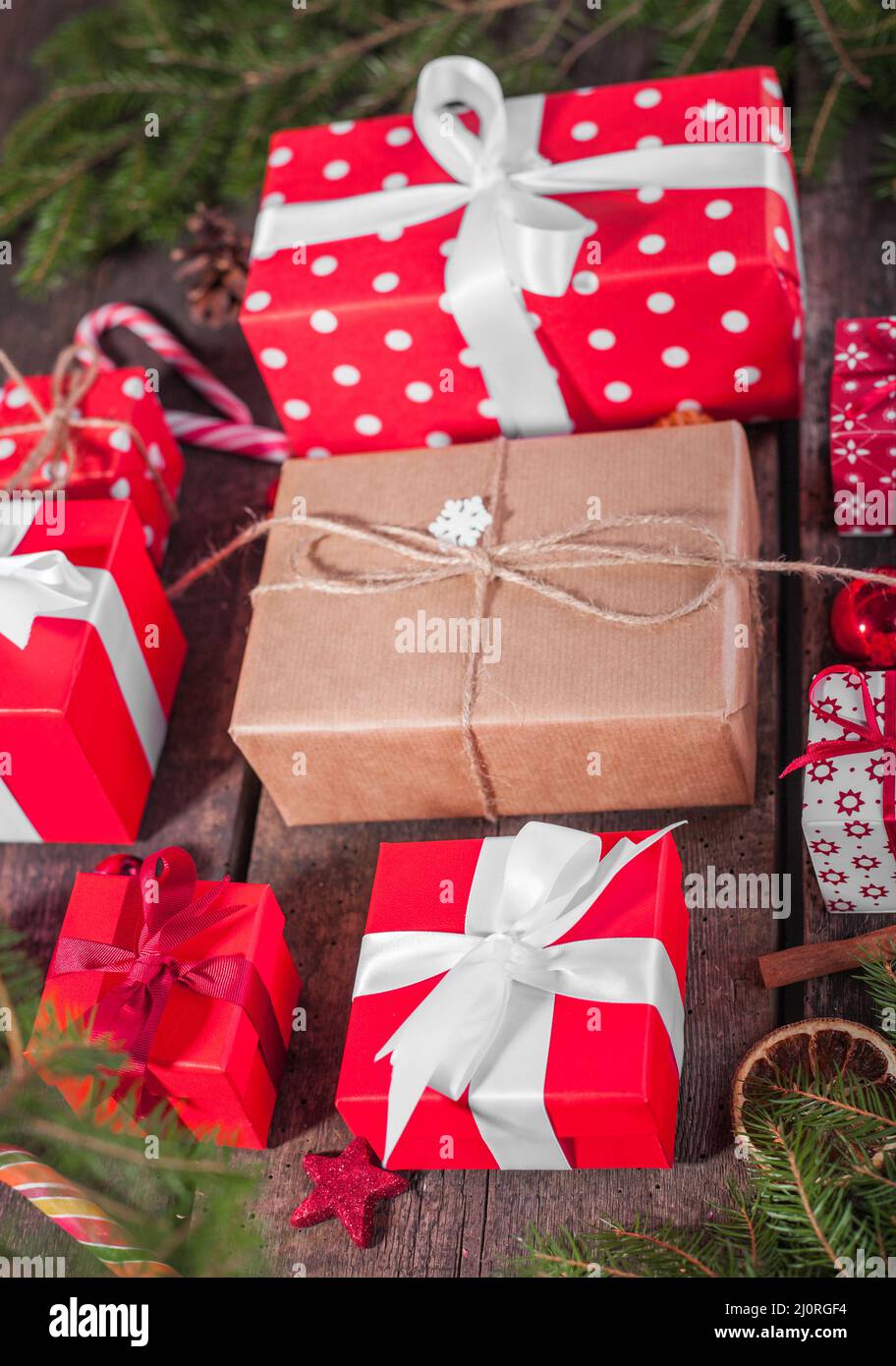 Handmade wrapped christmas gift boxes on celebrate background Stock