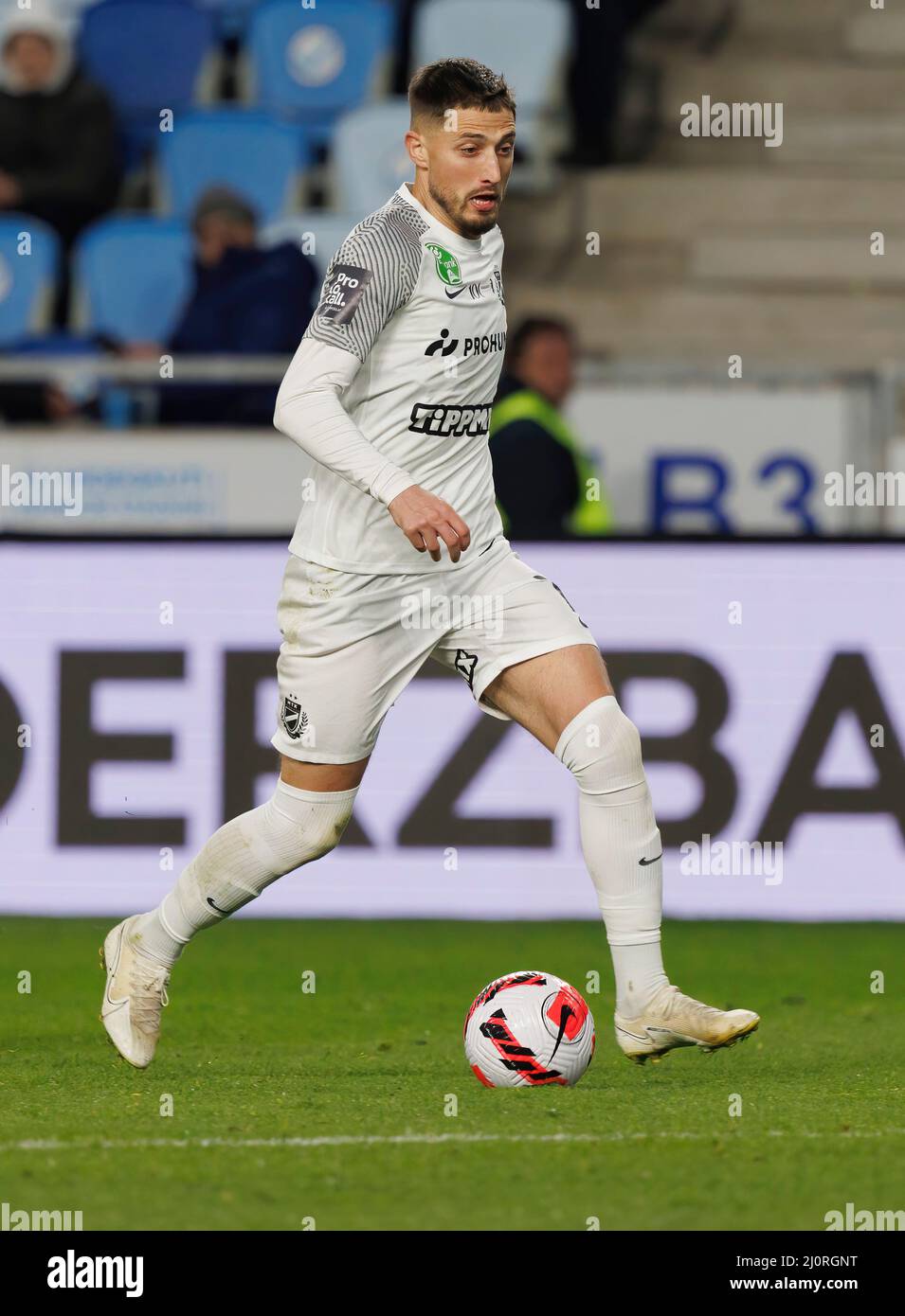 BUDAPEST, HUNGARY - MARCH 19: Gheorghe Grozav of MTK Budapest runs with the  ball during the Hungarian OTP Bank Liga match between MTK Budapest and  Kisvarda Master Good at Hidegkuti Nandor Stadium