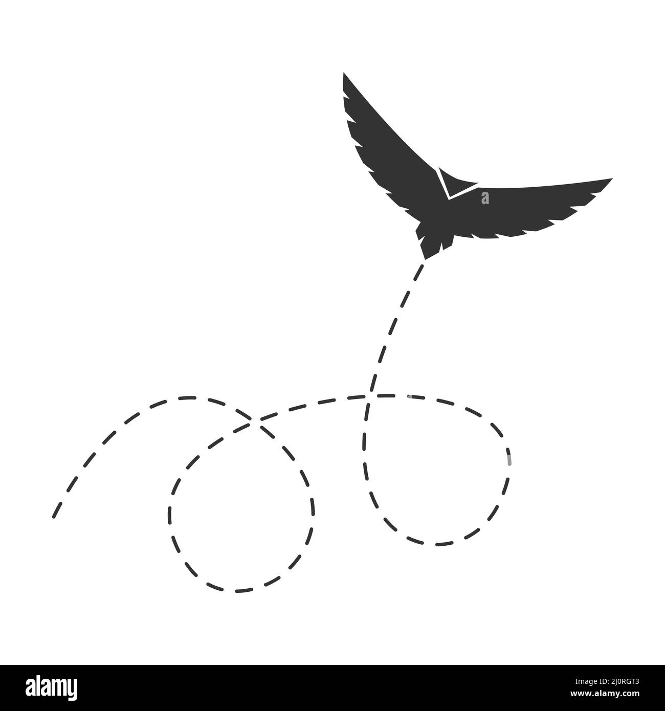 Flying black bird with dotted route. Vector illustration isolated on white. Stock Vector
