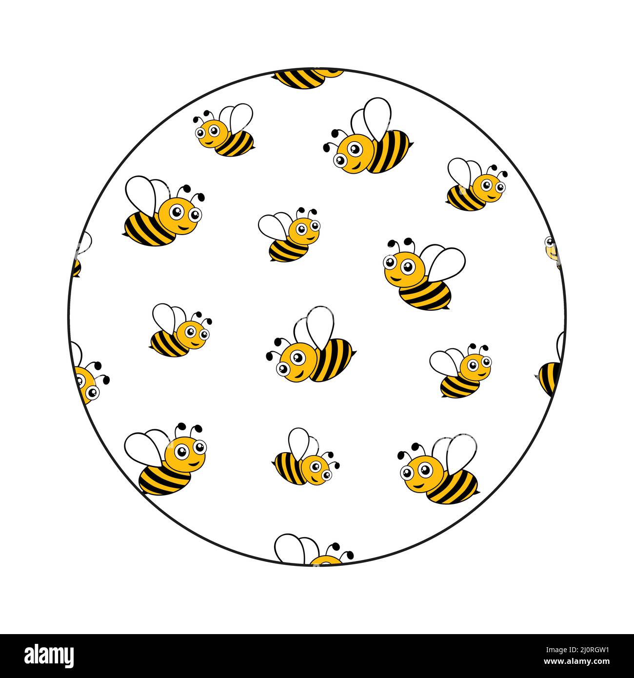 Flying bees in round shape. Black and yellow bees isolated on white background. Stock Vector