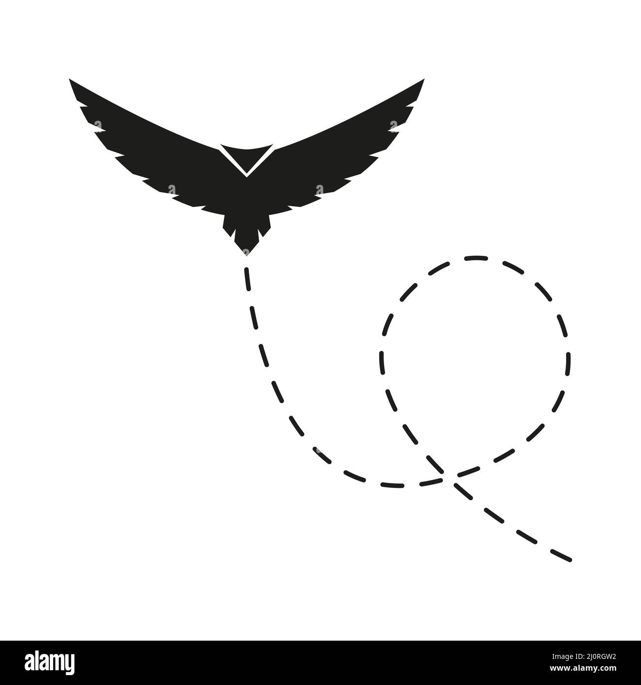 Flying black bird with dotted route. Vector illustration isolated on white. Stock Vector