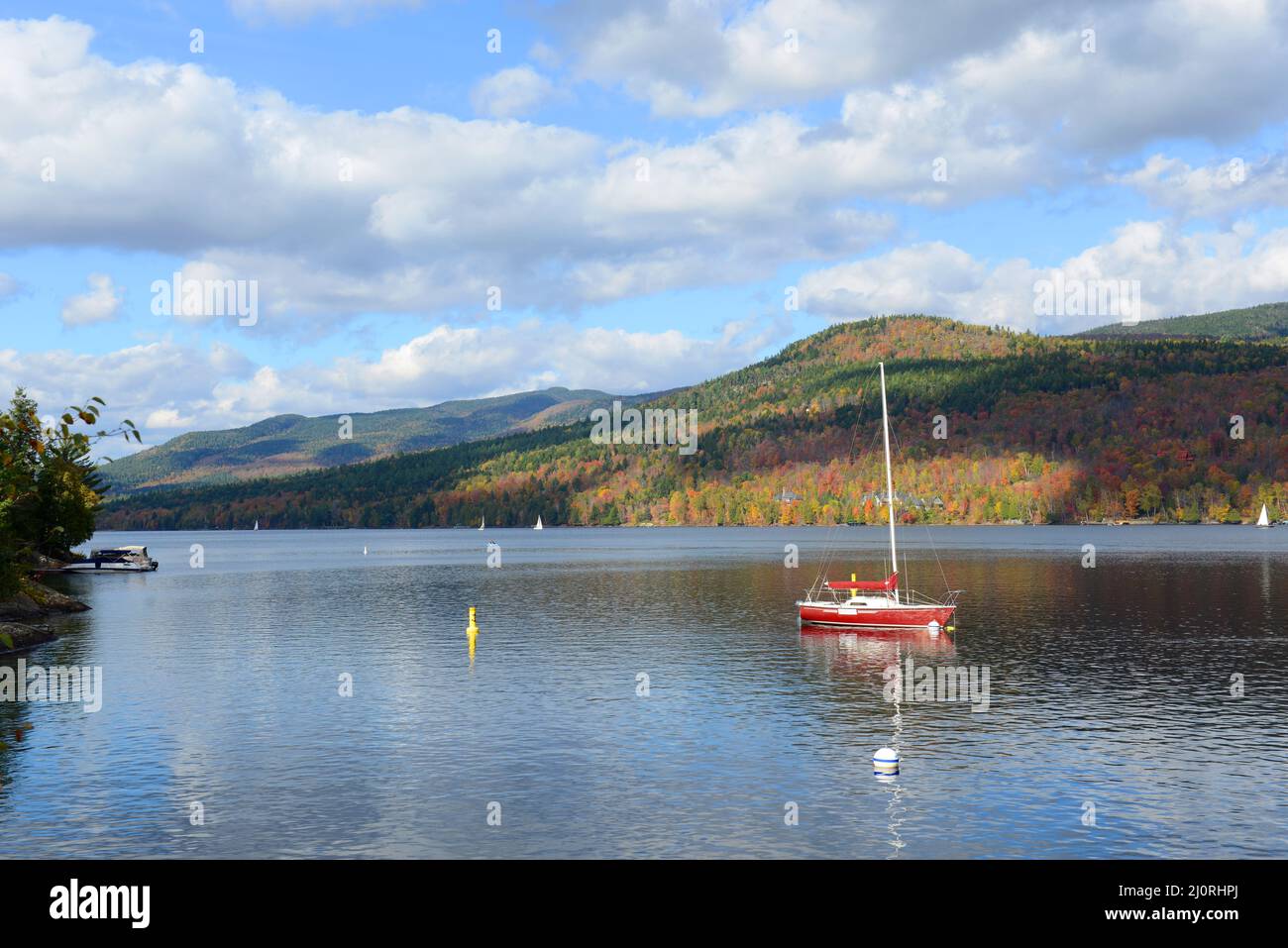 Lake Tremblant and MontTremblant village in fall with fall foliage