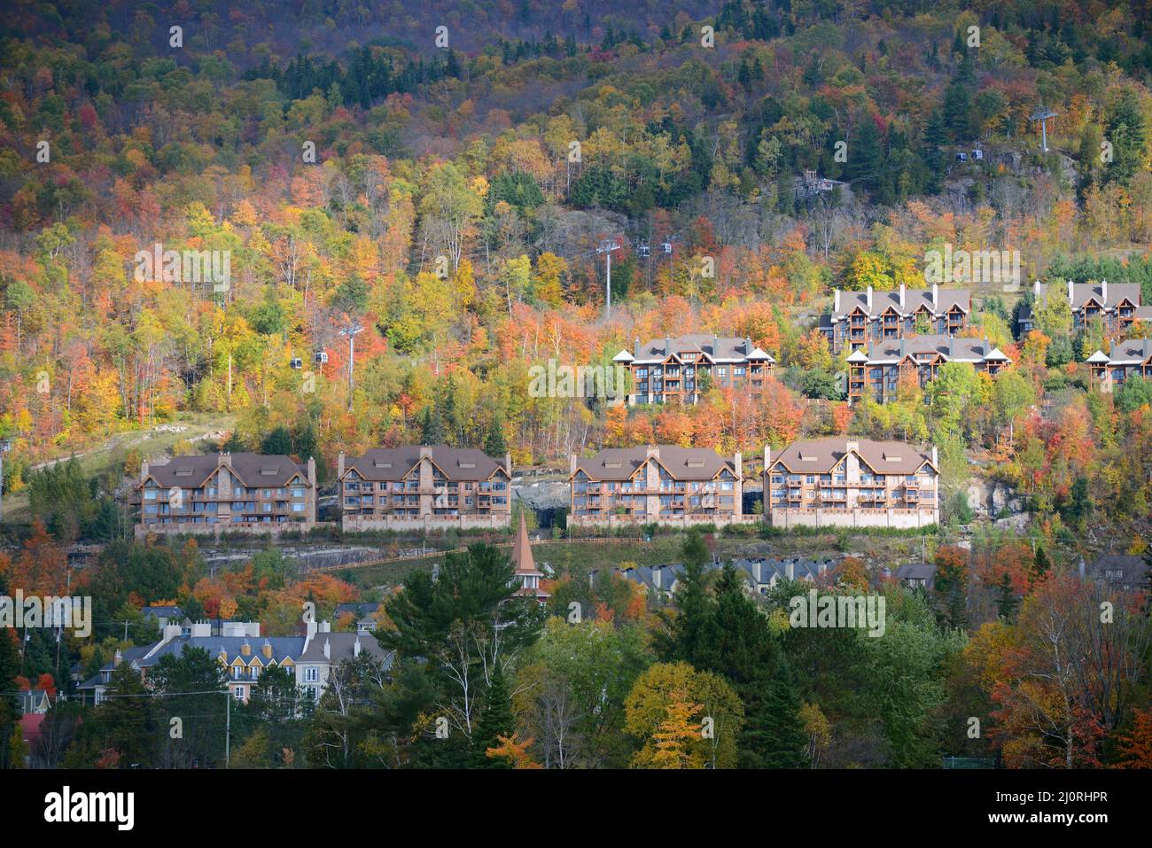Lake Tremblant and MontTremblant village in fall with fall foliage