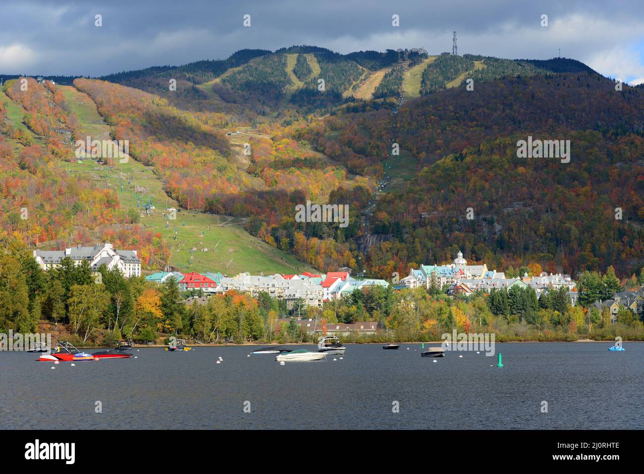 Lake Tremblant and MontTremblant village in fall with fall foliage