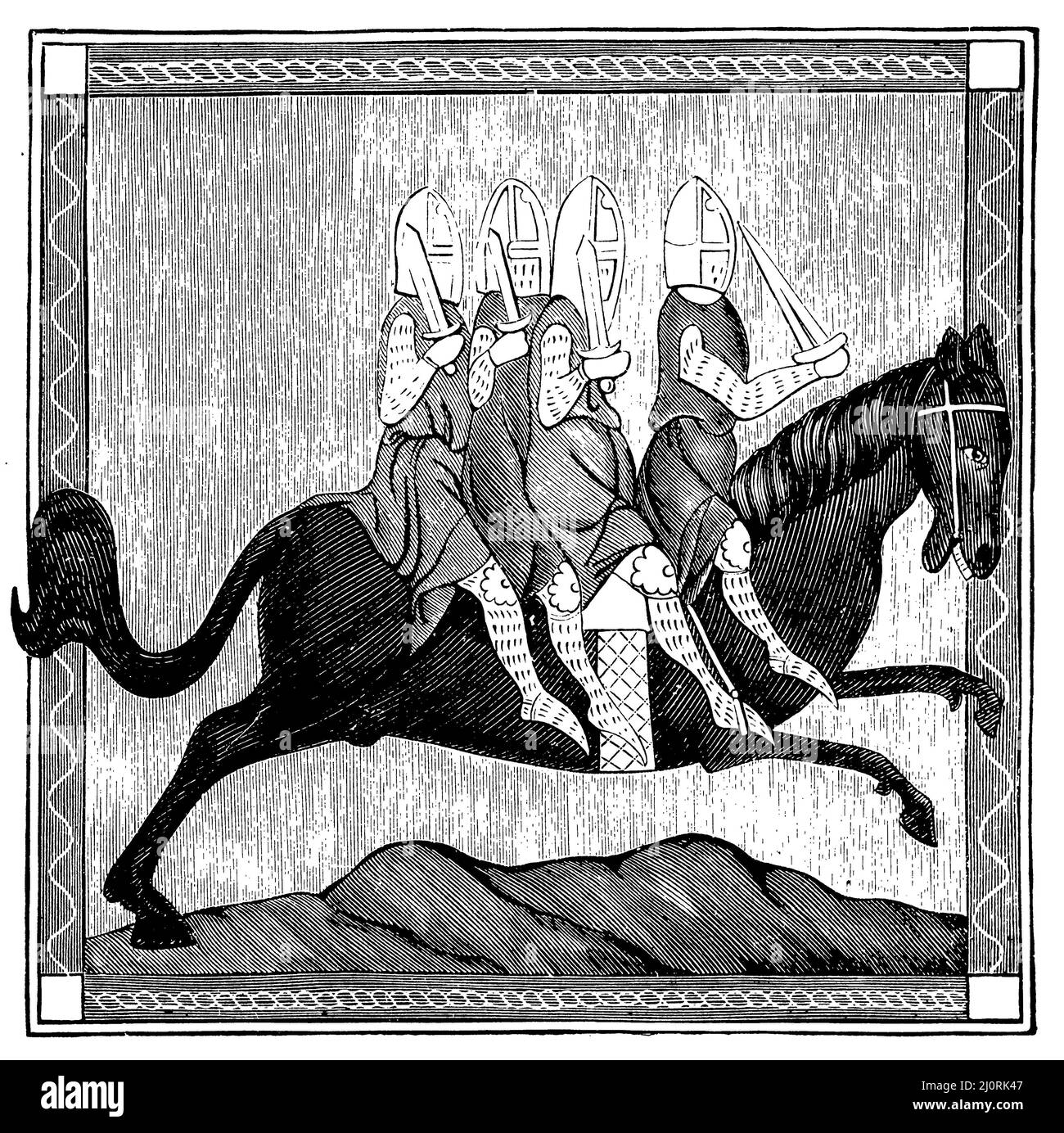 The Four Children of Haimon. From the manuscript of the novel in the National Library of Paris., ,  (literary history book, 1895), Die vier Haimonskinder. Aus der Handschrift des Romans in der Pariser Nationalbibliothek, Les quatre enfants Haïmon. Extrait du manuscrit du roman conservé à la Bibliothèque nationale de Paris. Stock Photo