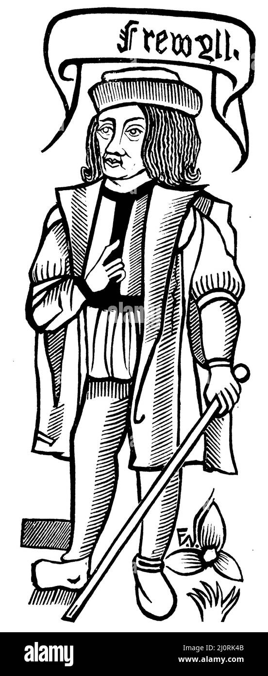 Allegorical figure from Hycke-Scorner. Woodcut from the 16th century, ,  (literary history book, 1895), Allegorische Figur aus Hycke-Scorner. Holzschnitt aus dem 16. Jahrhundert, Figure allégorique de Hycke-Scorner. Gravure sur bois du 16e siècle. Stock Photo