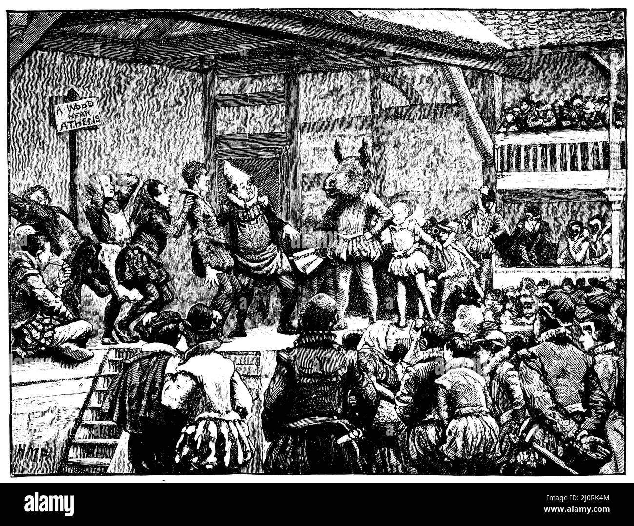 Theater performance at the time of Shakesspeare. Scene from A Midsummer Night's Dream, ,  (literary history book, 1895), Theateraufführung zur Zeit Shakesspeares. Szene aus dem Sommernachtstraum, Représentation théâtrale à l'époque de Shakesspeare. Scène du Songe d'une nuit d'été Stock Photo