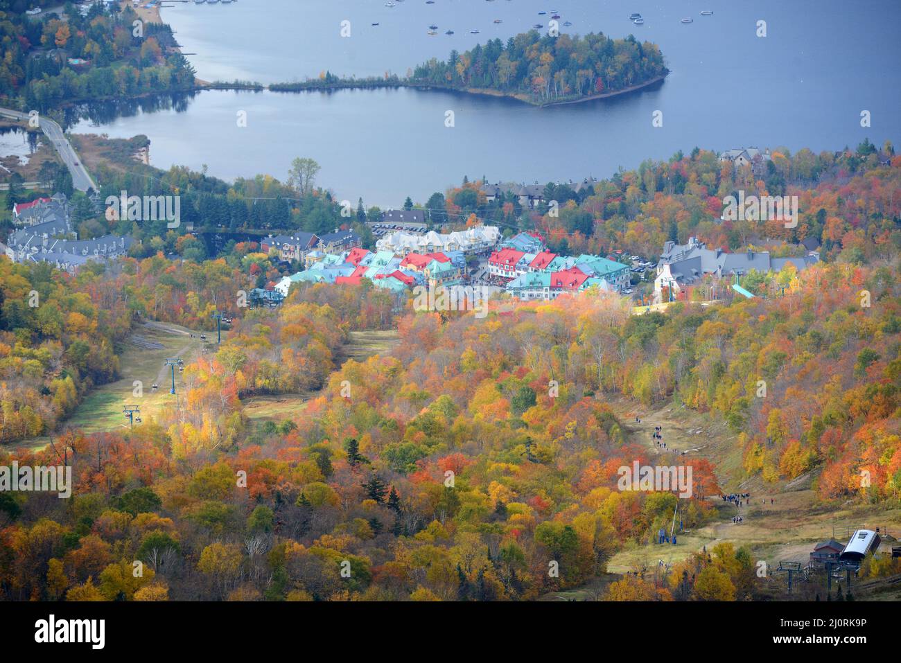 Aerial view of Lake Tremblant and MontTremblant village in fall with