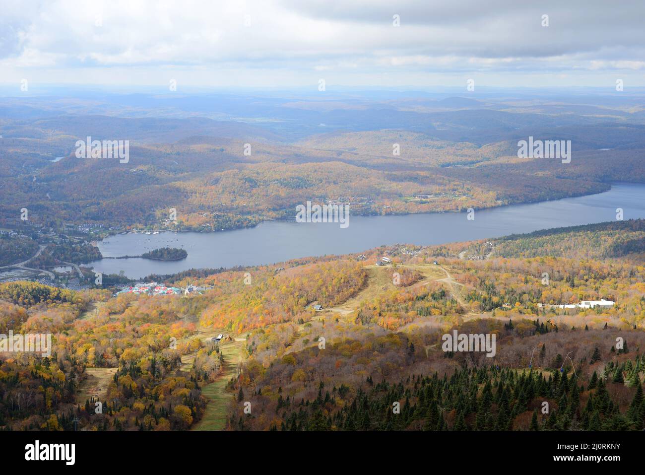Aerial view of Lake Tremblant and MontTremblant village in fall with