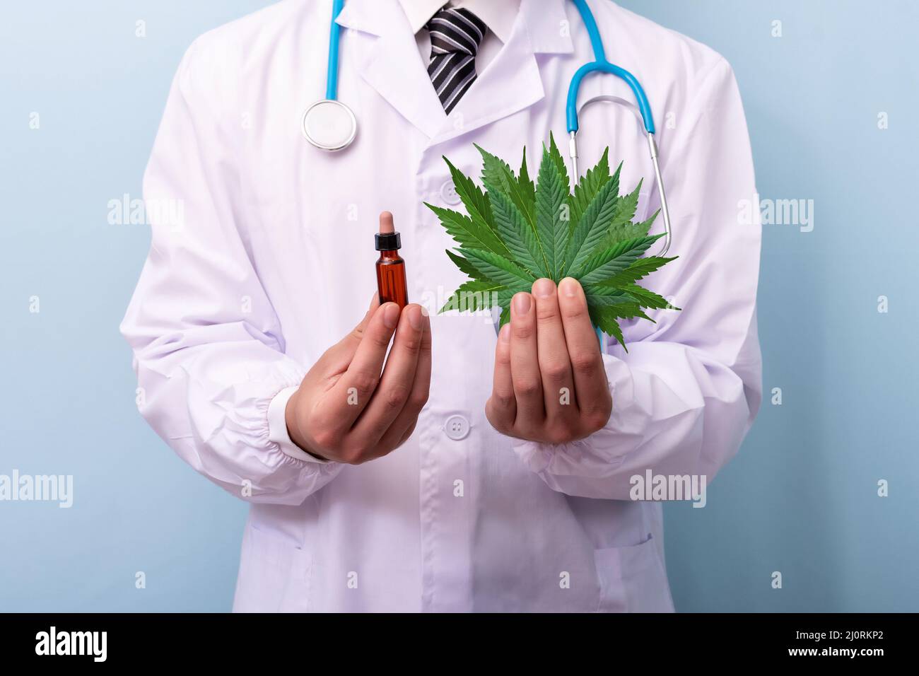 Male doctor's hands holding cannabis leaves and oil, a doctor