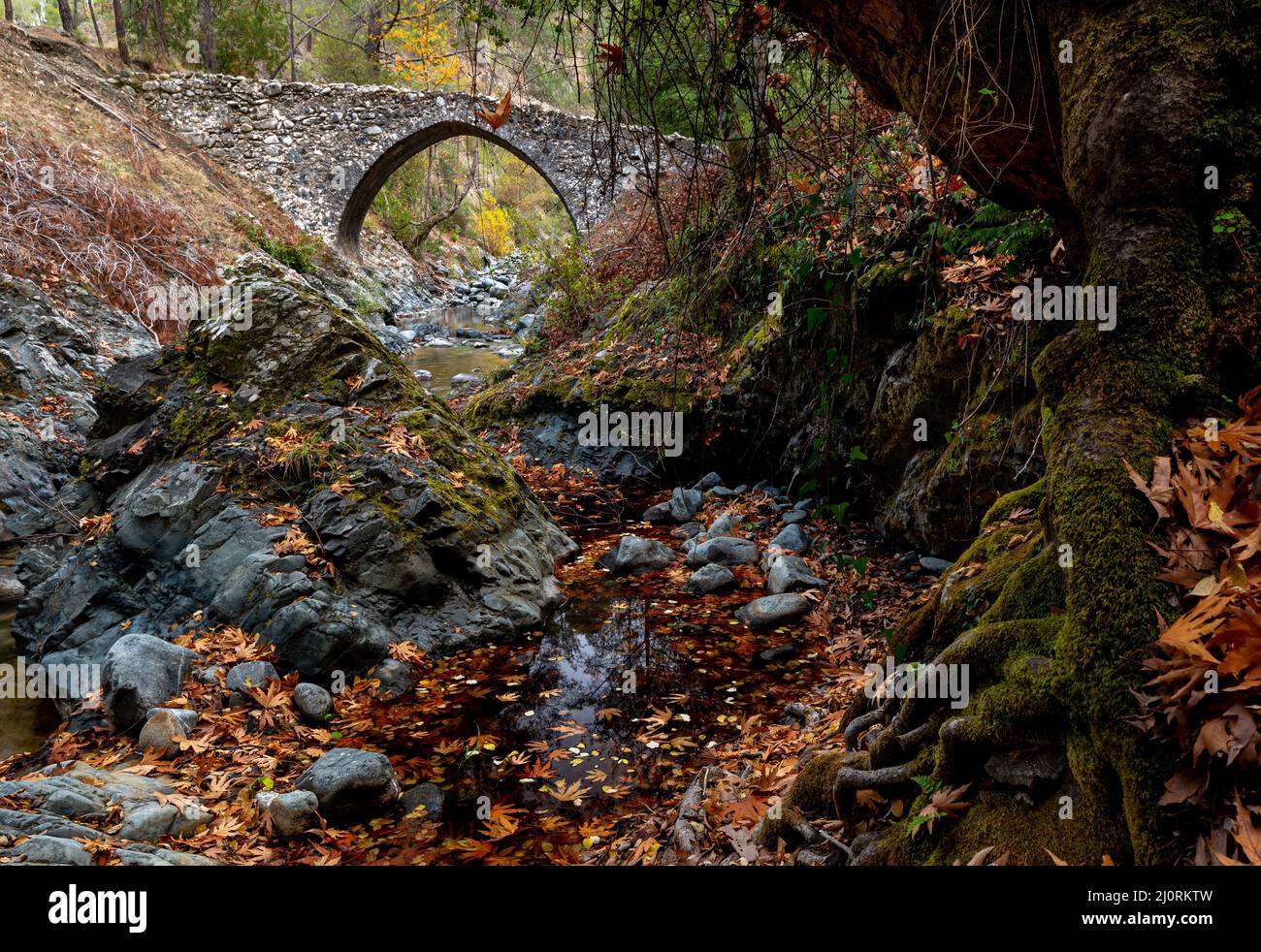 Medieval stoned bridge water flowing in the river in autumn. Fall season cyprus Stock Photo
