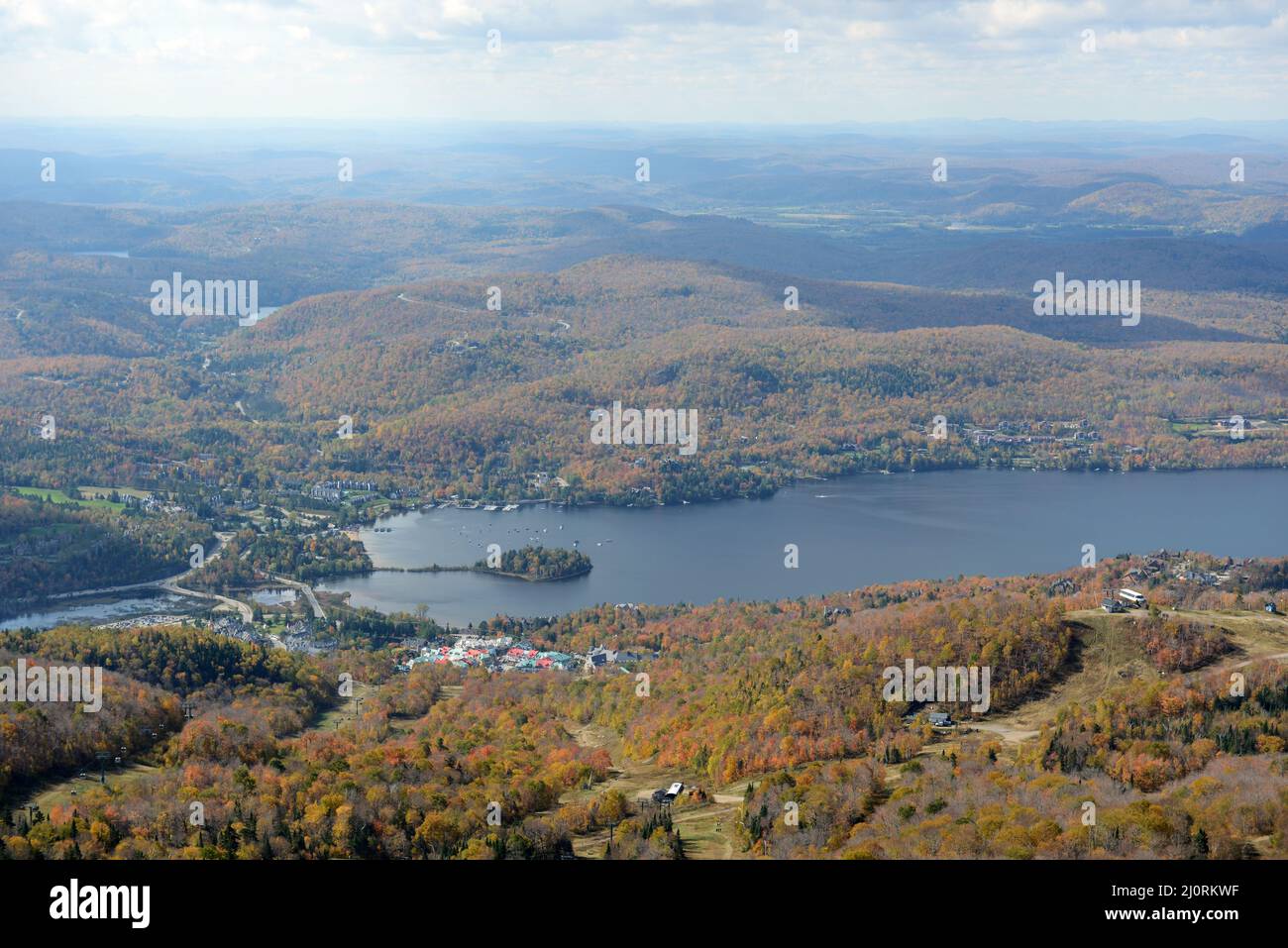 Aerial view of Lake Tremblant and MontTremblant village in fall with