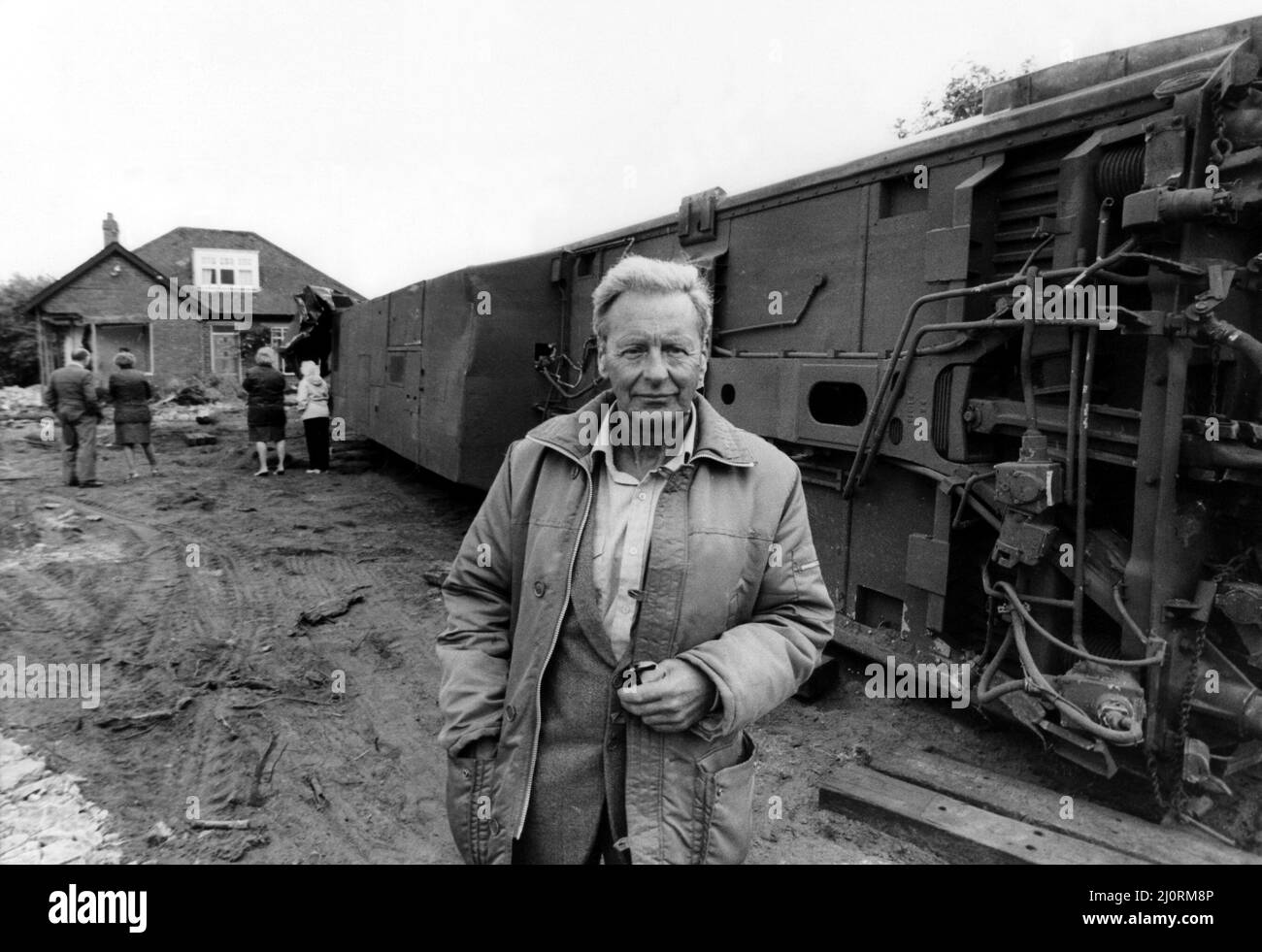 The crash of the Aberdeen to London sleeper train which careered off the track on the notorius Morpeth curve, just half a mile from the station. The crash happened at 10 minutes past midnight on 24th June, 1984   Mr Frank Dixon outside his Morpeth home wrecked in the train crash on 29th June 1984 Stock Photo
