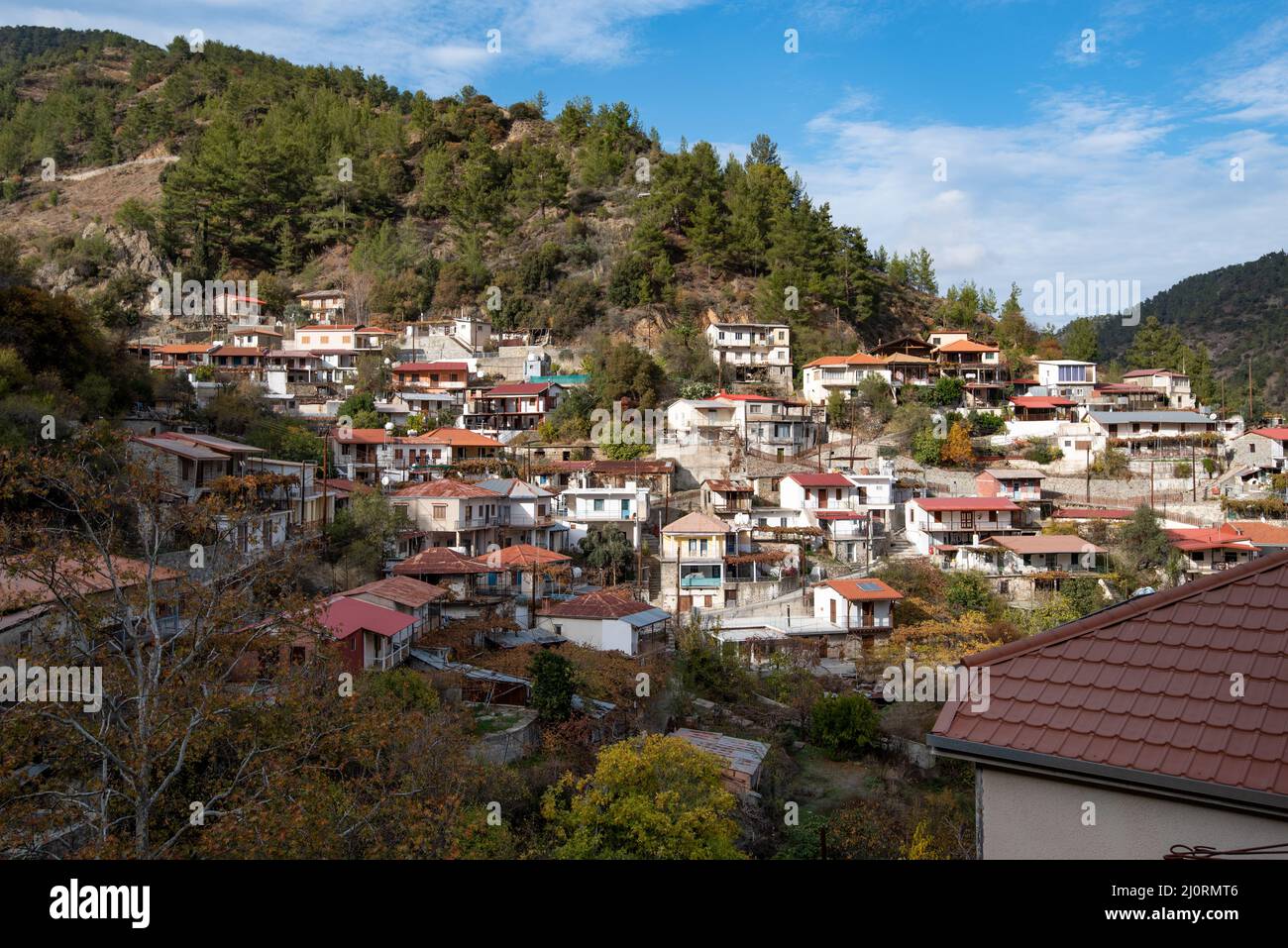 Mountainagrotourism holiday villages in the forest. Milikouri at Troodos mountains in Cyprus. Stock Photo