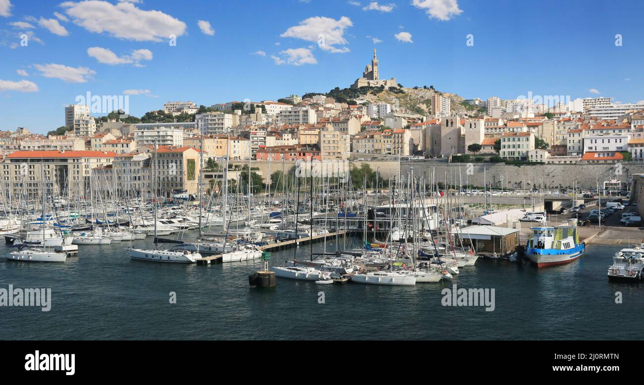 The hill surmounted by the Notre-Dame de la Garde basilica in Marseille. Stock Photo