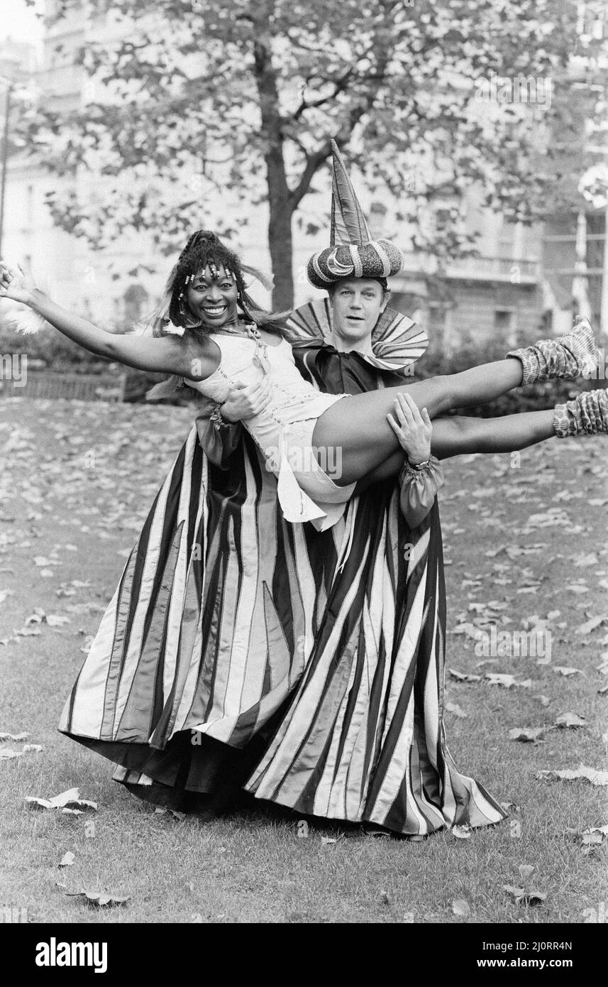 Play Away, photo-call with presenters Brian Cant and Floella Benjamin, ahead of new series starting next month, Tuesday 8th November 1983. Our picture shows .... Floella Benjamin dressed as Tarzans Jane and Brian Cant dressed as character Heinz Beanz. Stock Photo