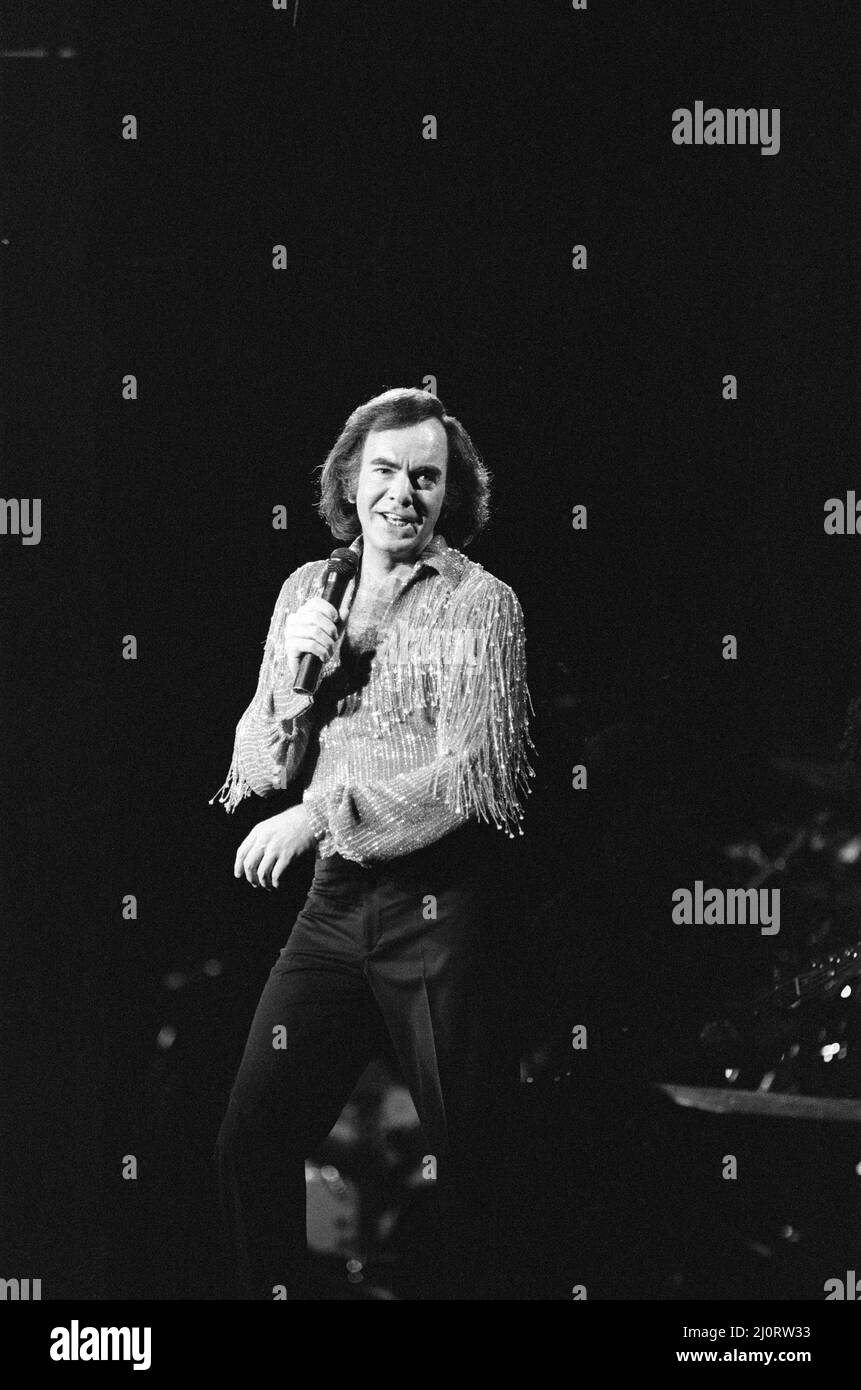 American singer Neil Diamond in concert at the NEC Arena, Birmingham. 2nd July 1984. Stock Photo