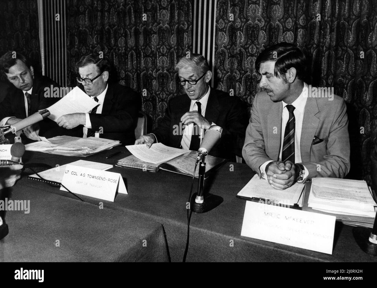 The crash of the Aberdeen to London sleeper train which careered off the track on the notorius Morpeth curve, just half a mile from the station. The crash happened at 10 minutes past midnight on 24th June, 1984   Mr. Philip Wiltshire, (Area S & T Engineer), Mr. Alan Goldfinch, (Mechanical and Electrical Engineer), Lt. Col., Anthony townsend-Rose, Inspector) and Mr. Colin McKeeper (Deputy Regional Operations Manager) open the enquiry on 17th July 1984 Stock Photo