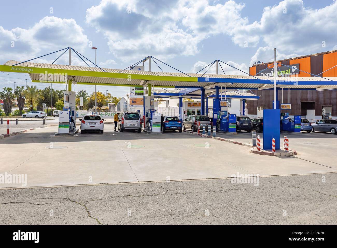 Huelva, Spain March 19, 2022 Petrol station in a Carrefour store