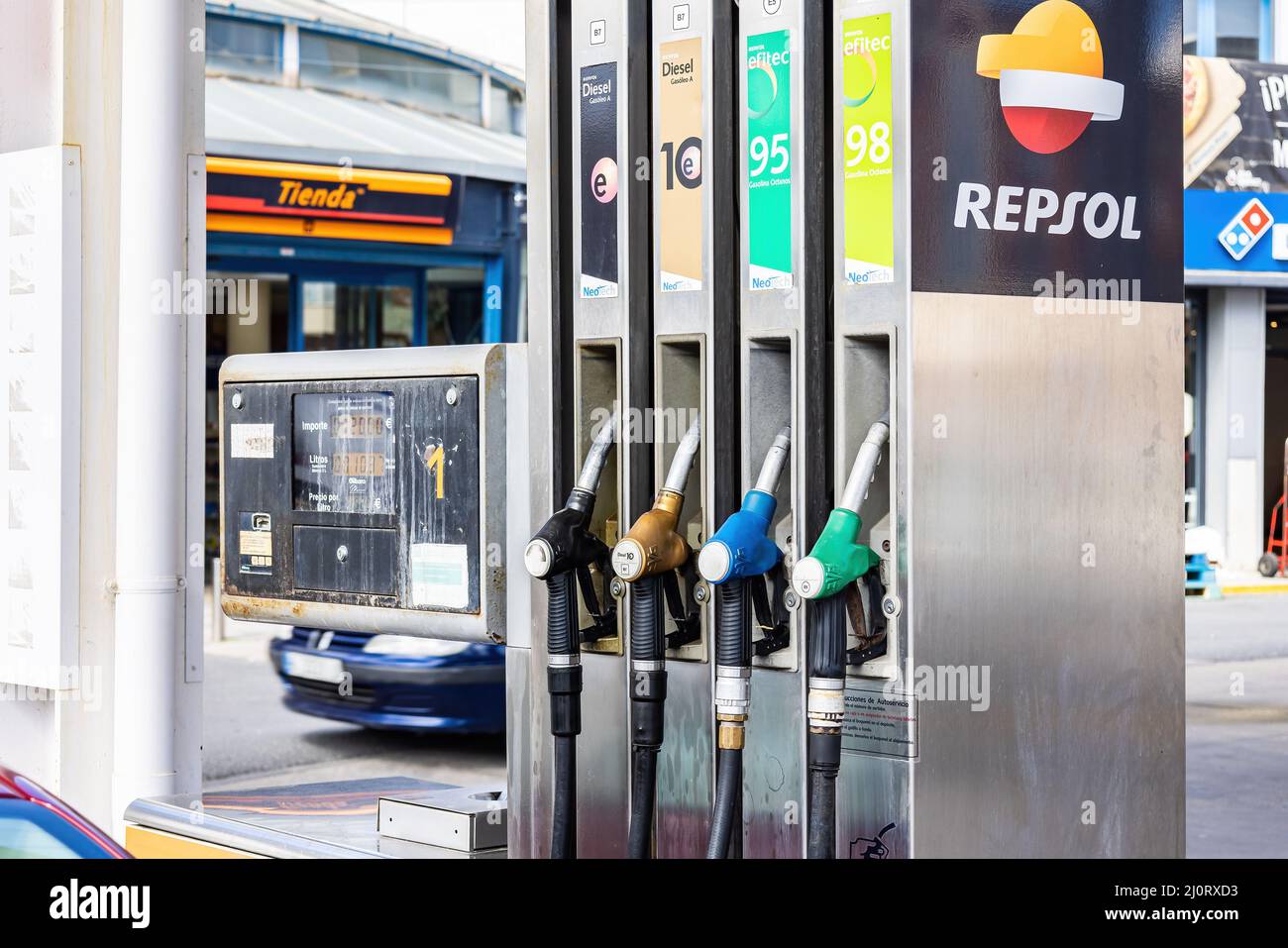Huelva, Spain March 6, 2022 Petrol pump at a Repsol gas station