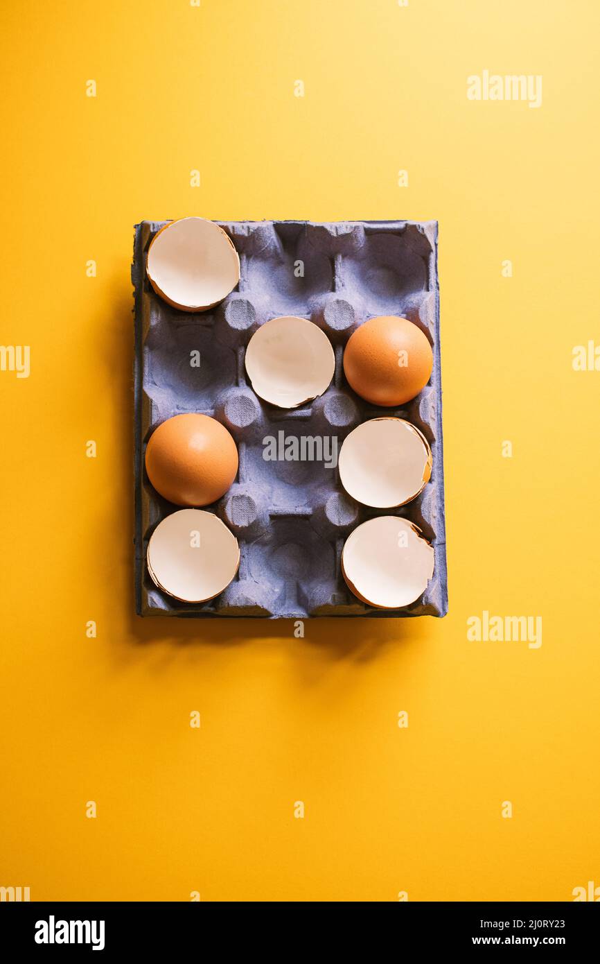 Egg shells and whole eggs in a carton. Top view. Stock Photo