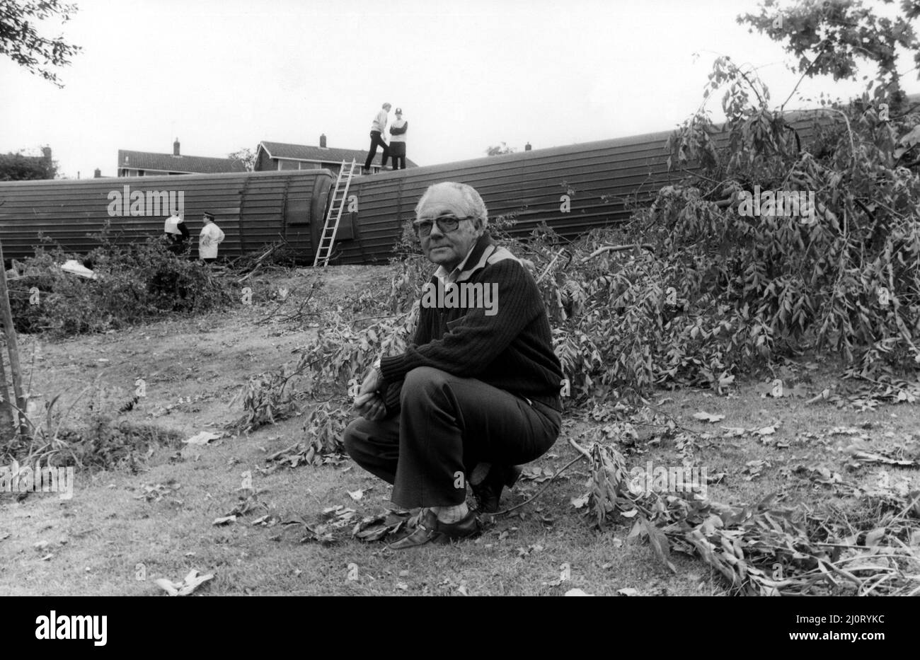 The crash of the Aberdeen to London sleeper train which careered off the track on the notorius Morpeth curve, just half a mile from the station. The crash happened at 10 minutes past midnight on 24th June, 1984   Mr Wilf Carr and the damage to his garden from the train crash Stock Photo