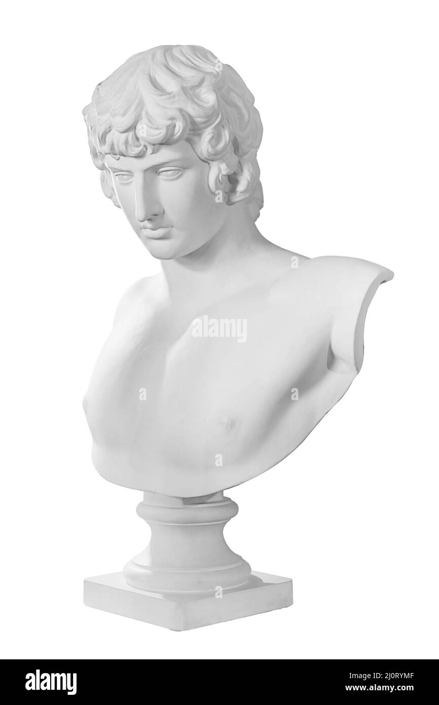 Gypsum copy of famous ancient statue Antinous bust isolated on a white background. Plaster antique sculpture young man face. Ren Stock Photo
