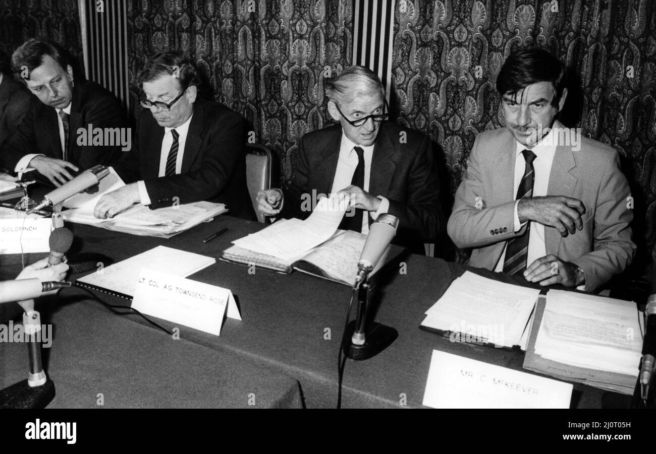 The crash of the Aberdeen to London sleeper train which careered off the track on the notorius Morpeth curve, just half a mile from the station. The crash happened at 10 minutes past midnight on 24th June, 1984   Mr. Philip Wiltshire, (Area S & T Engineer), Mr. Alan Goldfinch, (Mechanical and Electrical Engineer), Lt. Col., Anthony townsend-Rose, Inspector) and Mr. Colin McKeeper (Deputy Regional Operations Manager) open the enquiry on 17th July 1984 Stock Photo