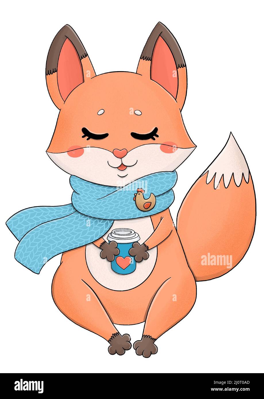 Cute little fox in knitted scarf and coffee Stock Photo