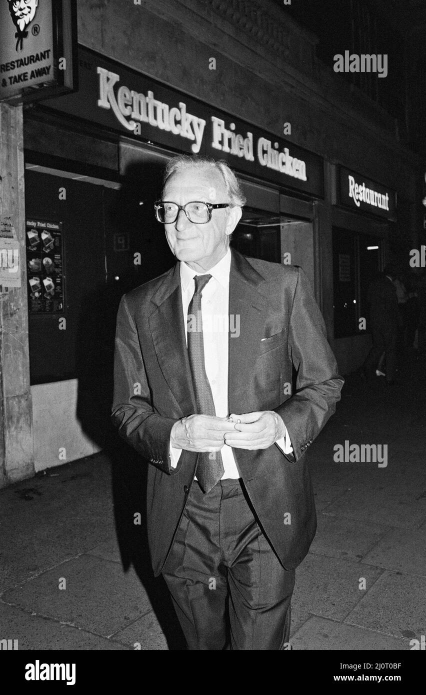 Former Foreign Secretary Lord Carrington pictured leaving the Kentucky Fried Chicken restaurant in Kensington High Street, London where he had a farewell party before taking up his new post as NATO Secretary General. 19th June  1984. Stock Photo