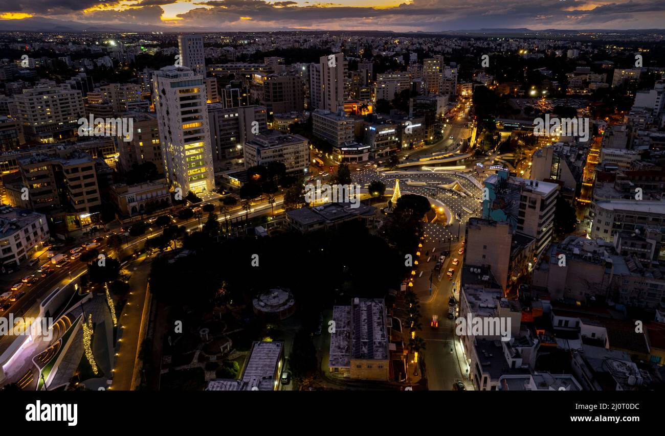 Aerial drone photograph of cityscape of Nicosia in Cyprus at sunset Stock Photo