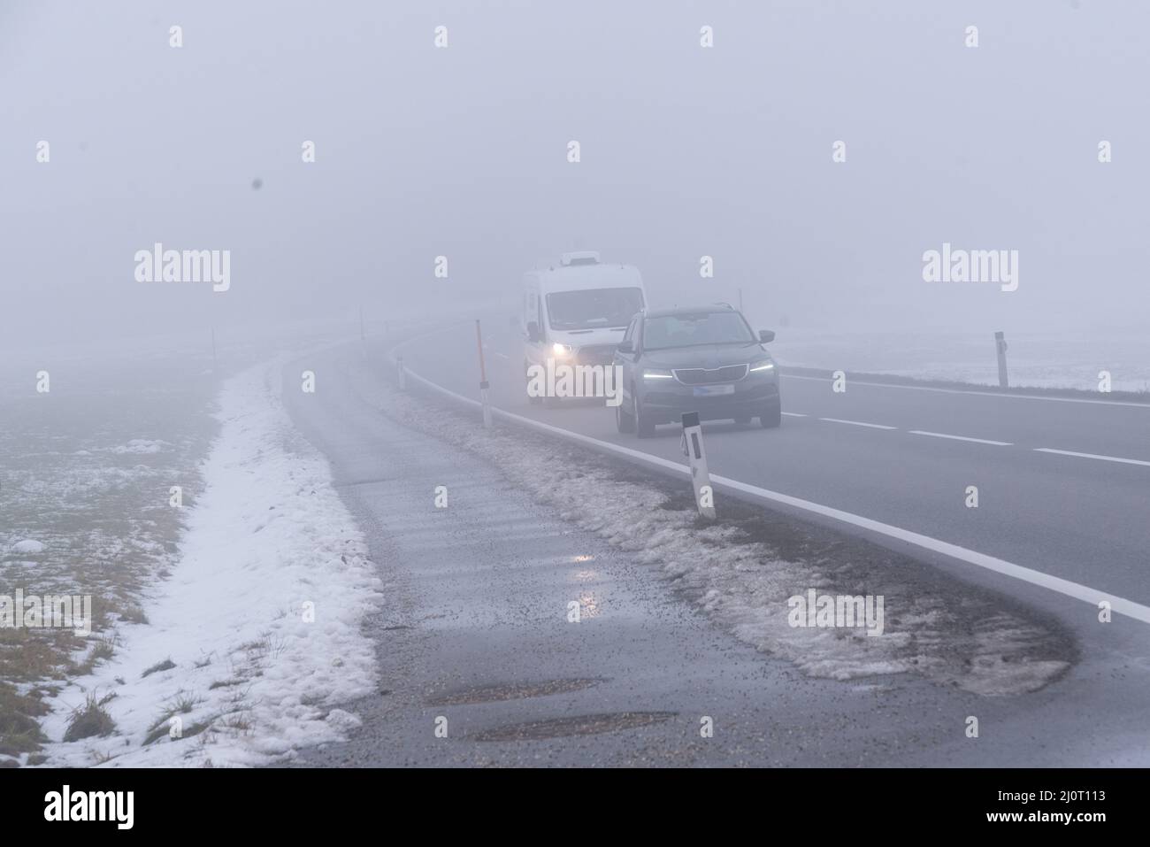 Bad driving conditions due to heavy fog - poor visibility Stock Photo