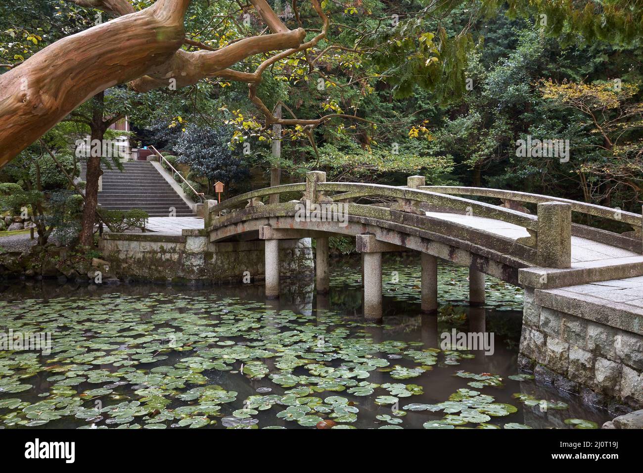 The stone arch bridge over the pond at the Yuzenâ€™en garden of Chion-in temple complex.  Kyoto. Japan Stock Photo