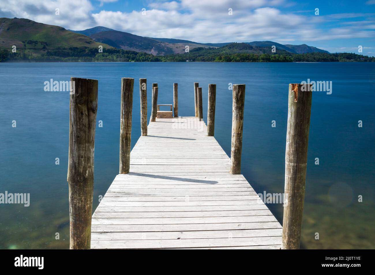 Long exposure of a jetty on Derwent water in the Lake District in Cumbria in the UK Stock Photo