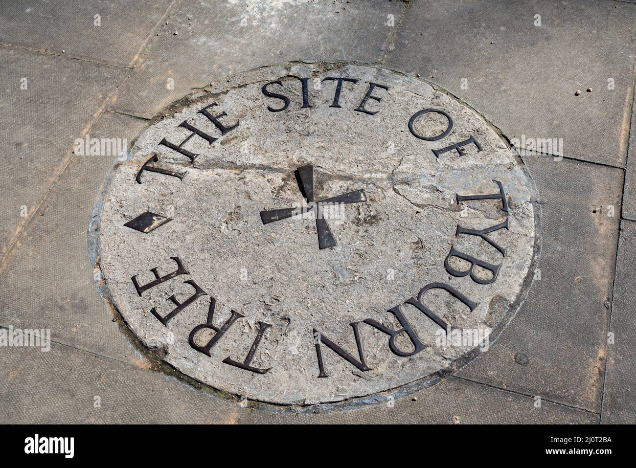 The site of Tyburn Tree, Marble Arch, London, UK, a gallows used to execute by hanging prisoners transported from Newgate Prison for many centuries Stock Photo