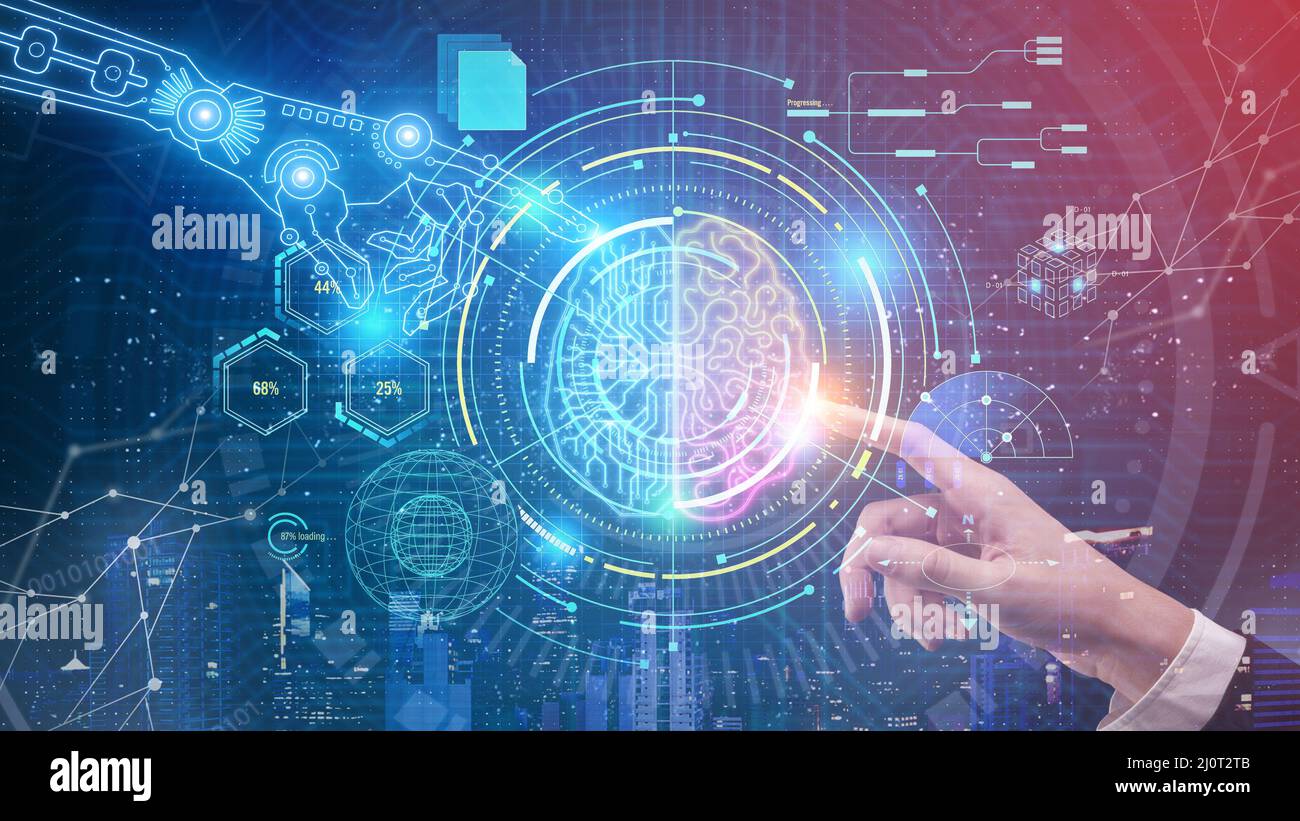Human and robot hands touch brain, data analytics, big data, data transformation, data flow, artificial intelligence concept Stock Photo