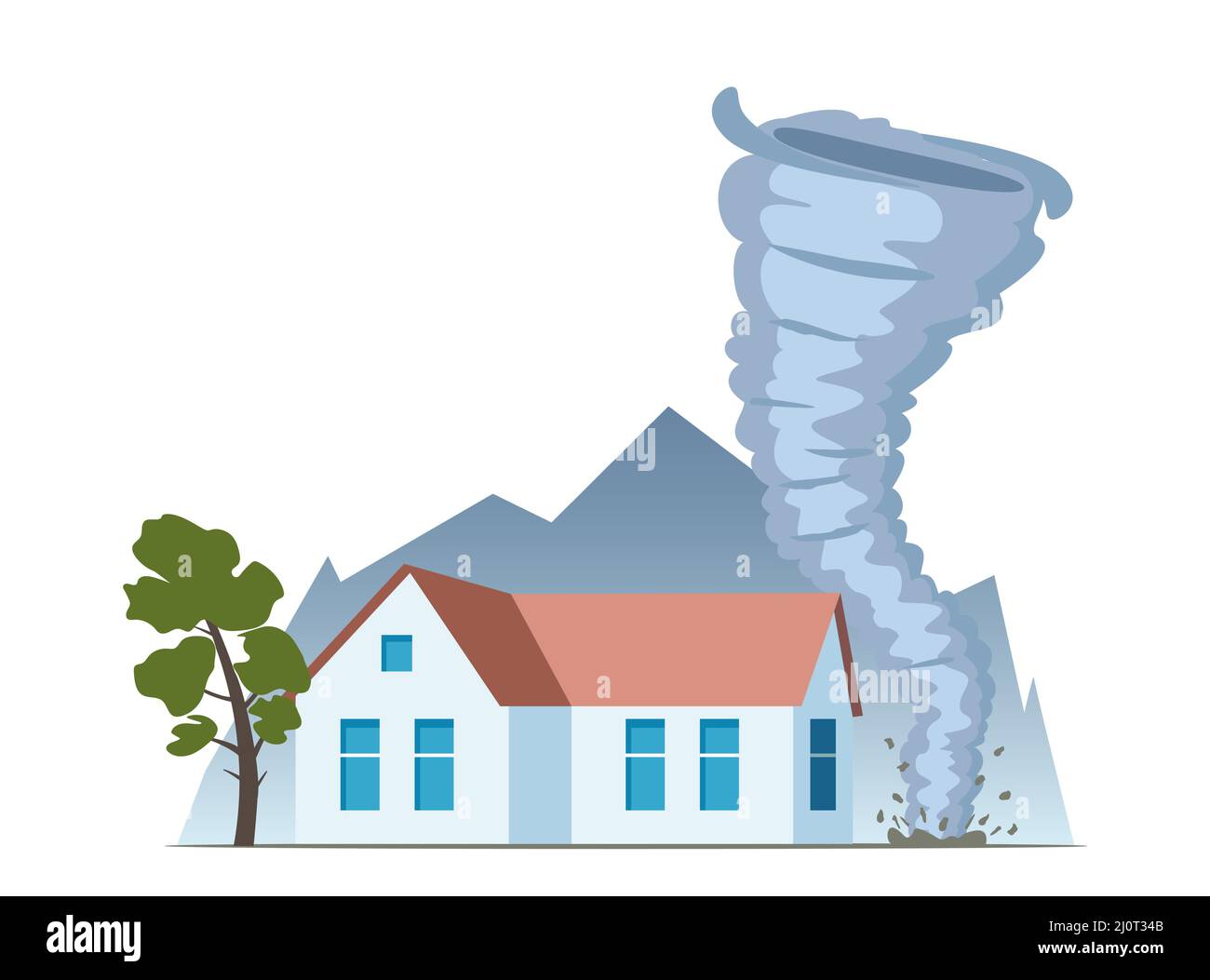 Tornado is approaching the house. Tornado with spiral twists destroys buildings in residential neighborhood, nature disaster concept vector illustrati Stock Vector